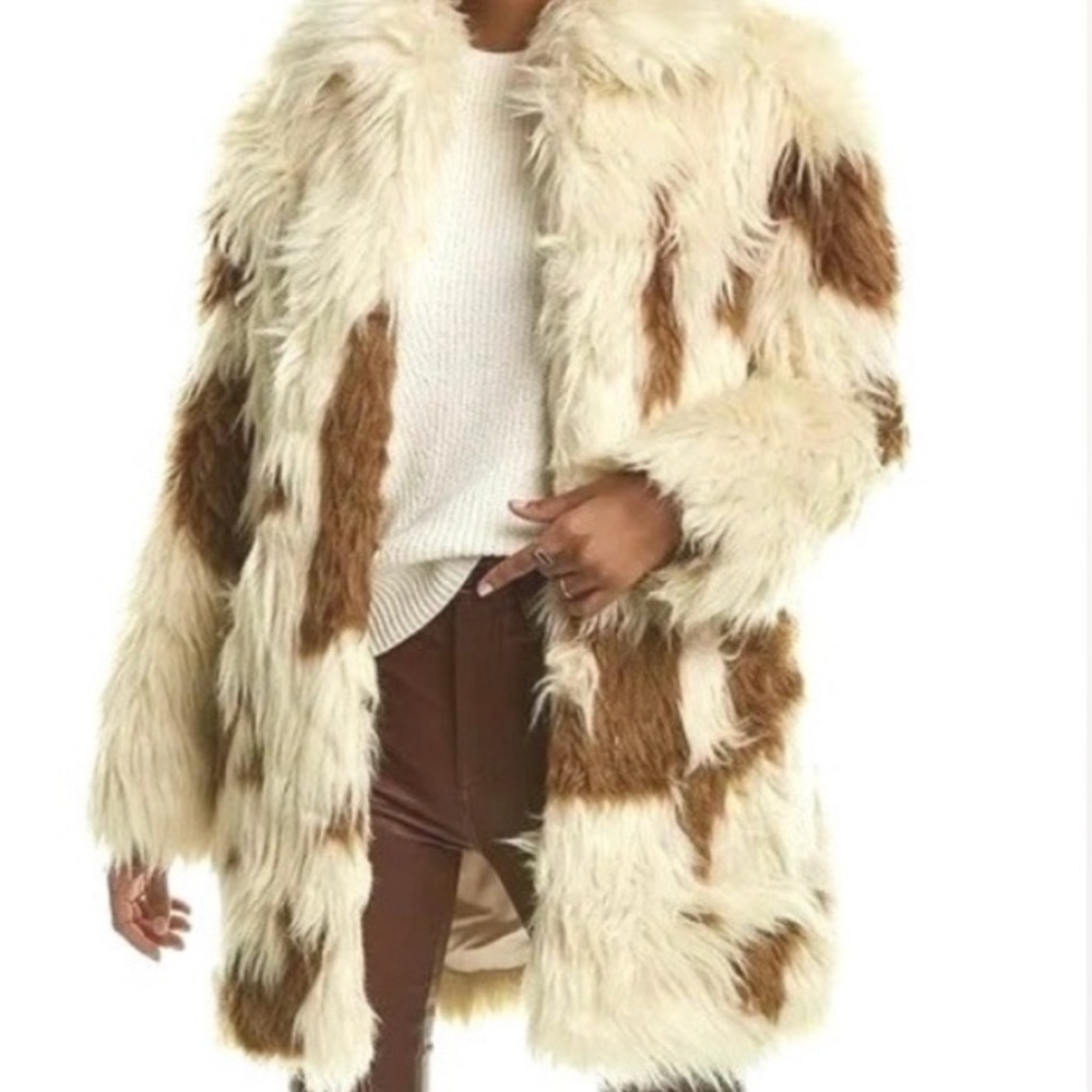 Zadig & Voltaire Cream and Brown Faux Fur Patchwork Coat